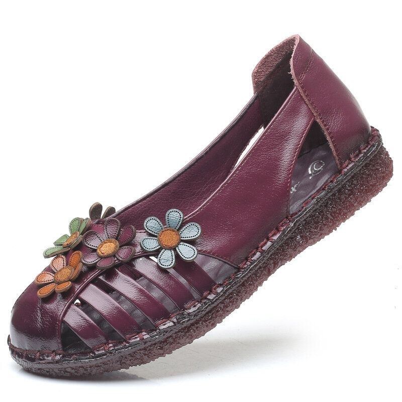 Dame Ægte Læder Åndbar Blomsterdekoration Retro Slip On Bløde Flats