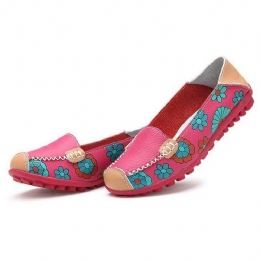 Dame Ægte Læder Blomstermønster Blød Sål Slip On Casual Flats