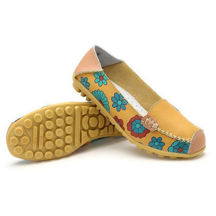 Dame Ægte Læder Blomstermønster Blød Sål Slip On Casual Flats