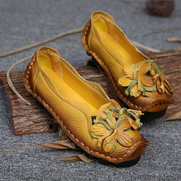 Dame Ægte Læder Håndlavet Dekoration Blomster Vintage Slip On Flats Loafers