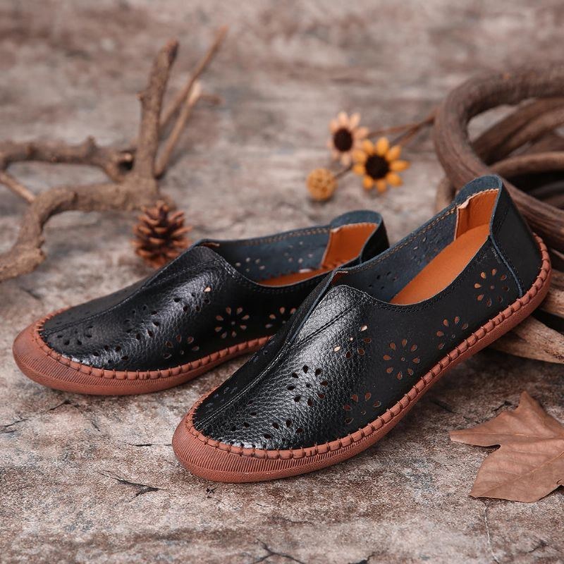 Dame Ægte Læder Slip On Elastisk Bånd Åndbar Hollow Out Spring Causal Flats Loafers