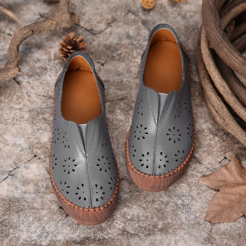 Dame Ægte Læder Slip On Elastisk Bånd Åndbar Hollow Out Spring Causal Flats Loafers