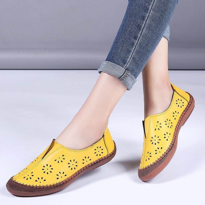 Dame Ægte Læder Slip On Elastisk Bånd Åndbar Hollow Out Spring Causal Flats Loafers