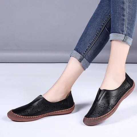 Dame Ægte Læder Slip On Elastisk Bånd Åndbar Hollow Out Spring Causal Flats Loafers