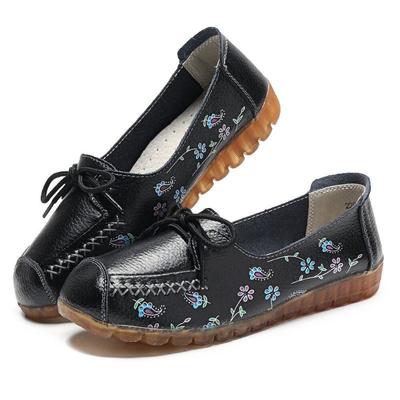 Dame Bowknot Blomster Udskrivning Behagelig Skridsikker Blød Sål Casual Læder Loafers