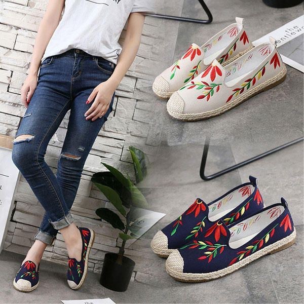 Dame Casual Broderet Flower Cloth Flade Loafers