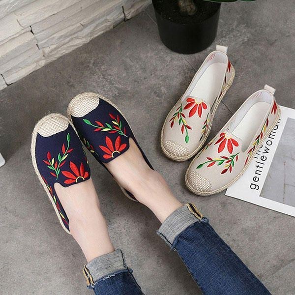 Dame Casual Broderet Flower Cloth Flade Loafers