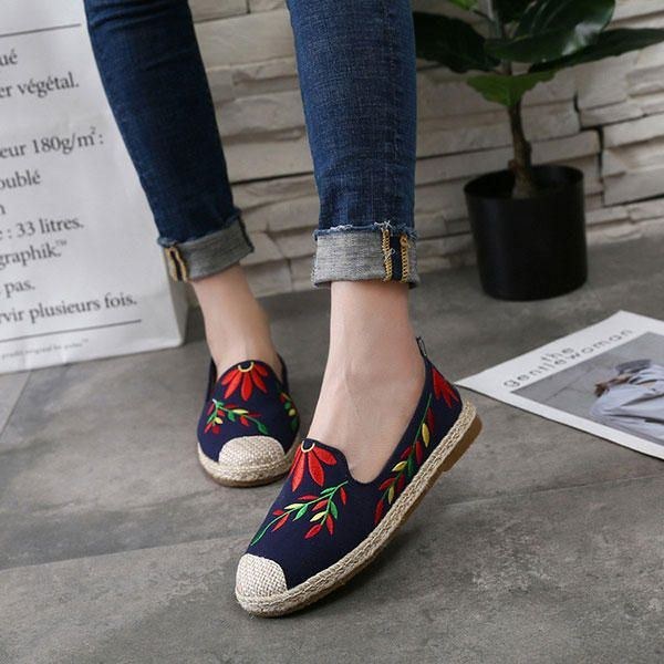 Dame Casual Broderet Flower Cloth Flade Loafers