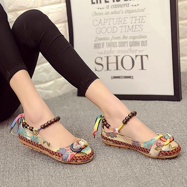 Dame Casual Flats Lace Up Beading Rund Toe Farverige Komfortable Flats Loafers Sko