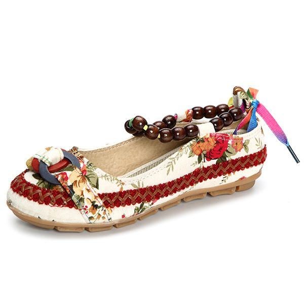 Dame Casual Flats Lace Up Beading Rund Toe Farverige Komfortable Flats Loafers Sko