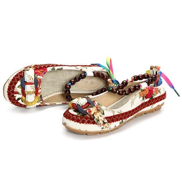 Dame Casual Flats Lace Up Beading Rund Toe Farverige Komfortable Flats Loafers Sko