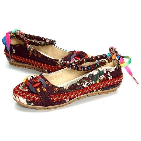 Dame Casual Flats Lace Up Beading Rund Toe Farverige Komfortable Flats Loafers Sko