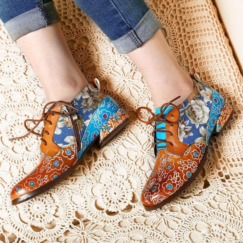 Dame Casual Retro Blomster Ægte Læder Flats