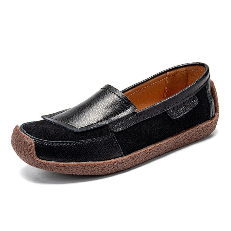 Dame Comfy Lædersplejsning Bløde Slip On Flat Loafers