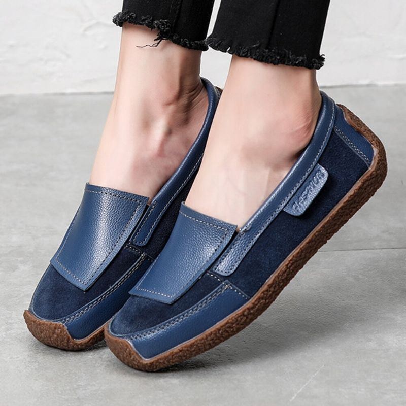 Dame Comfy Lædersplejsning Bløde Slip On Flat Loafers