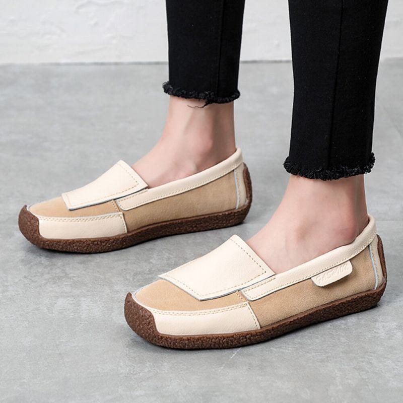 Dame Comfy Lædersplejsning Bløde Slip On Flat Loafers