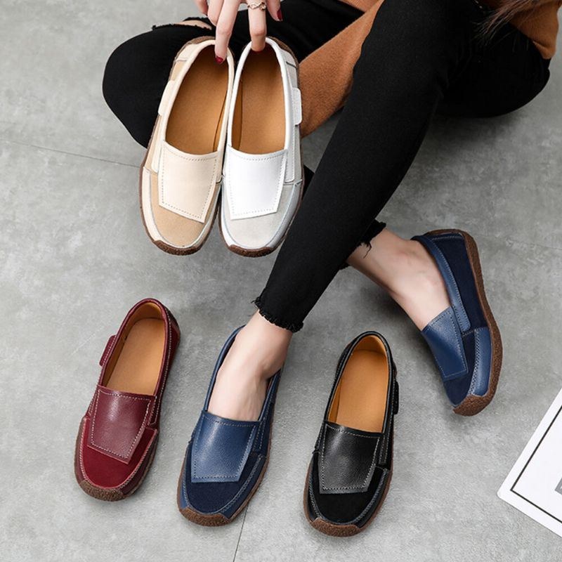 Dame Comfy Lædersplejsning Bløde Slip On Flat Loafers