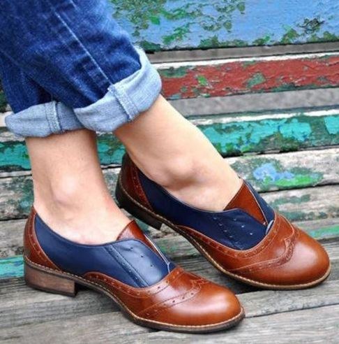 Dame Farve Splejsning Firkantet Hæl Rund Tå Brogue Oxfords Casual Flats Loafers