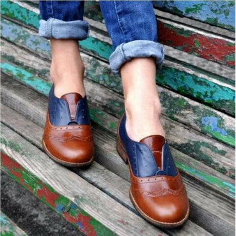 Dame Farve Splejsning Firkantet Hæl Rund Tå Brogue Oxfords Casual Flats Loafers