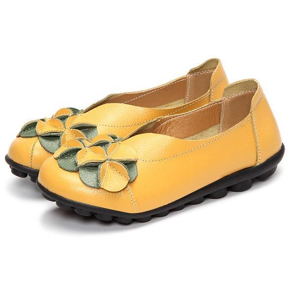 Dame Flower Flade Sko Casual Outdoor Læder Slip On Runde Tå Loafers