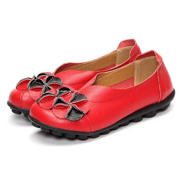 Dame Flower Flade Sko Casual Outdoor Læder Slip On Runde Tå Loafers