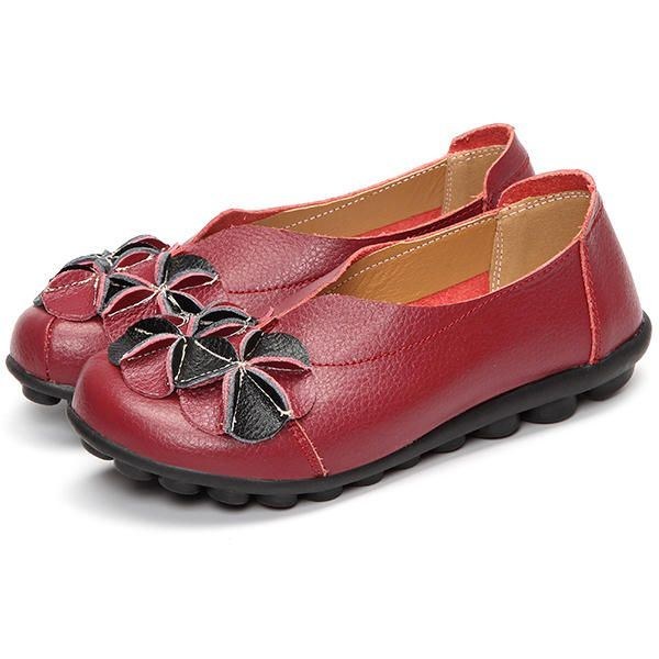 Dame Flower Flade Sko Casual Outdoor Læder Slip On Runde Tå Loafers