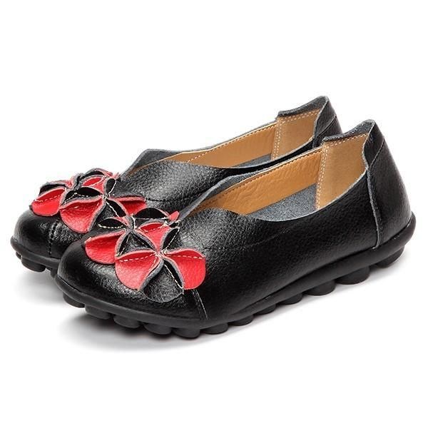 Dame Flower Flade Sko Casual Outdoor Læder Slip On Runde Tå Loafers