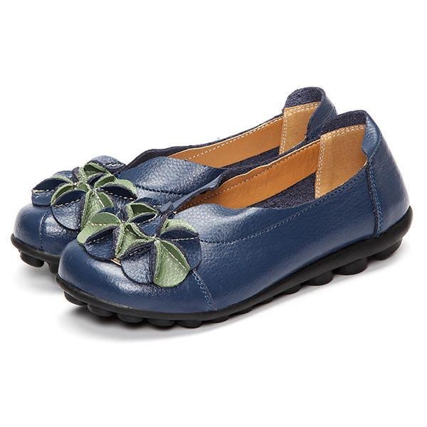 Dame Flower Flade Sko Casual Outdoor Læder Slip On Runde Tå Loafers