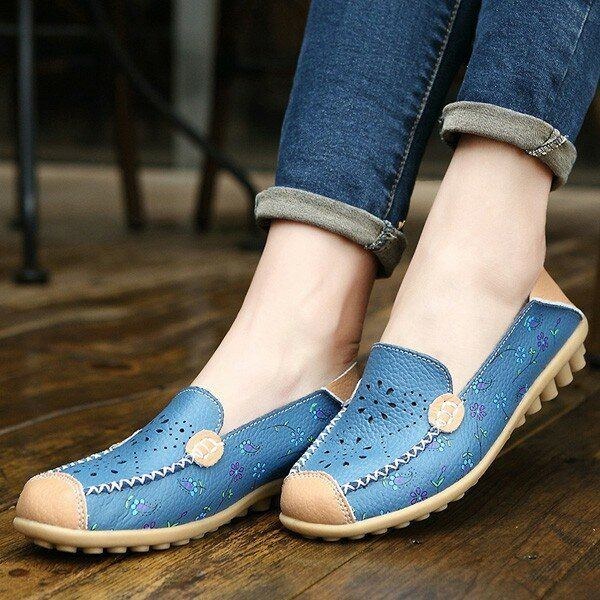 Dame Fritidssko Åndbar Hollow Out Flats Soft Sole Loafers Blomstertryk Loafers