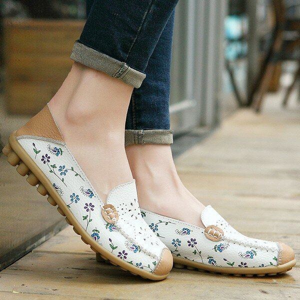 Dame Fritidssko Åndbar Hollow Out Flats Soft Sole Loafers Blomstertryk Loafers