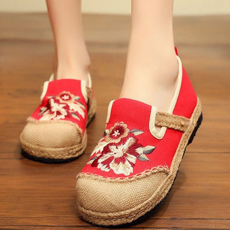 Dame Gamle Peking Blomster Broderi Casual Espadrille Loafers