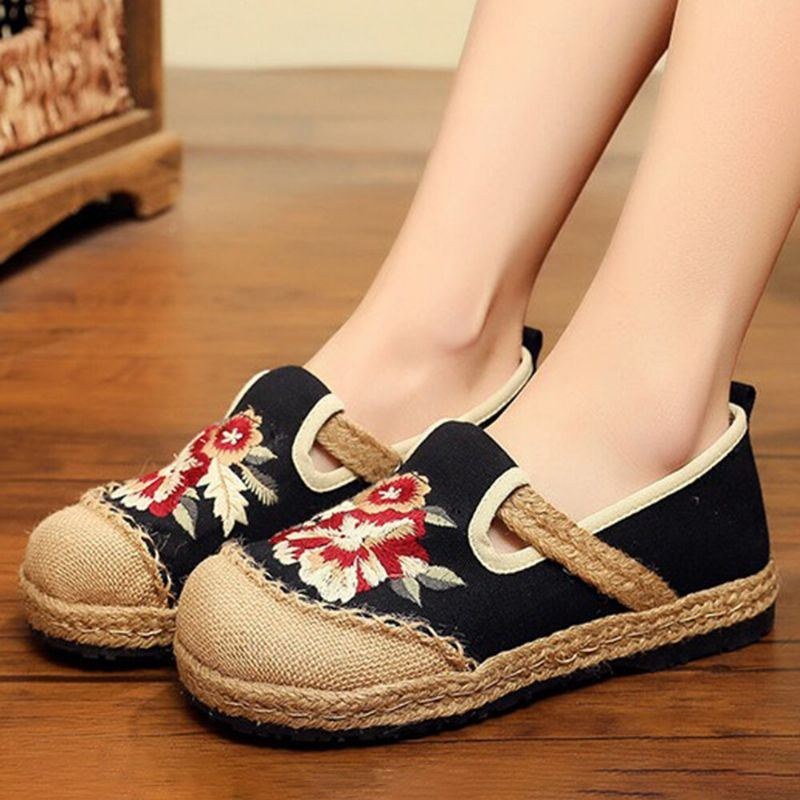 Dame Gamle Peking Blomster Broderi Casual Espadrille Loafers