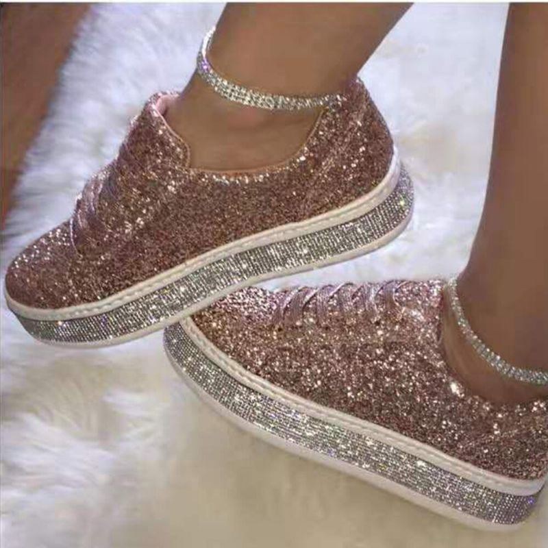 Dame Glitter Pailletter Mode Snørebånd Fest Casual Platform Sko Flats