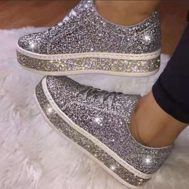 Dame Glitter Pailletter Mode Snørebånd Fest Casual Platform Sko Flats