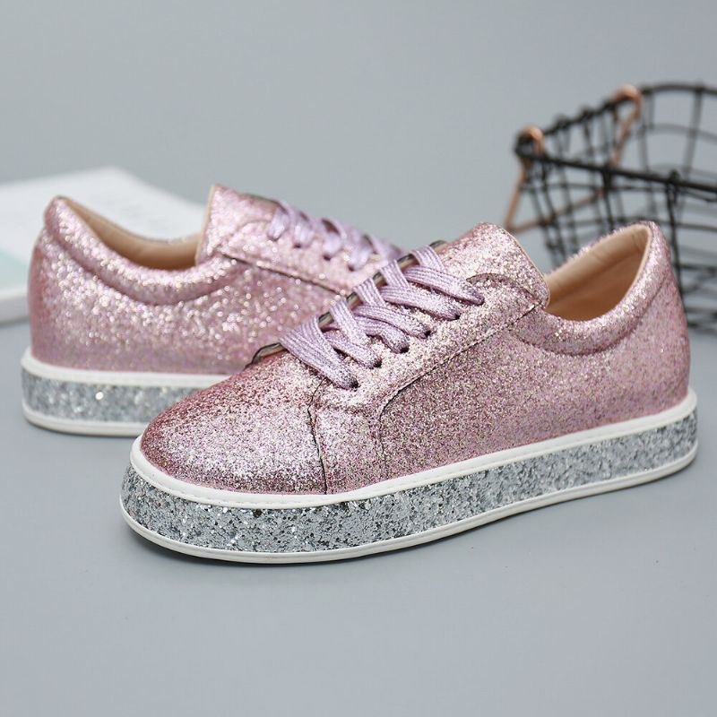 Dame Glitter Pailletter Mode Snørebånd Fest Casual Platform Sko Flats