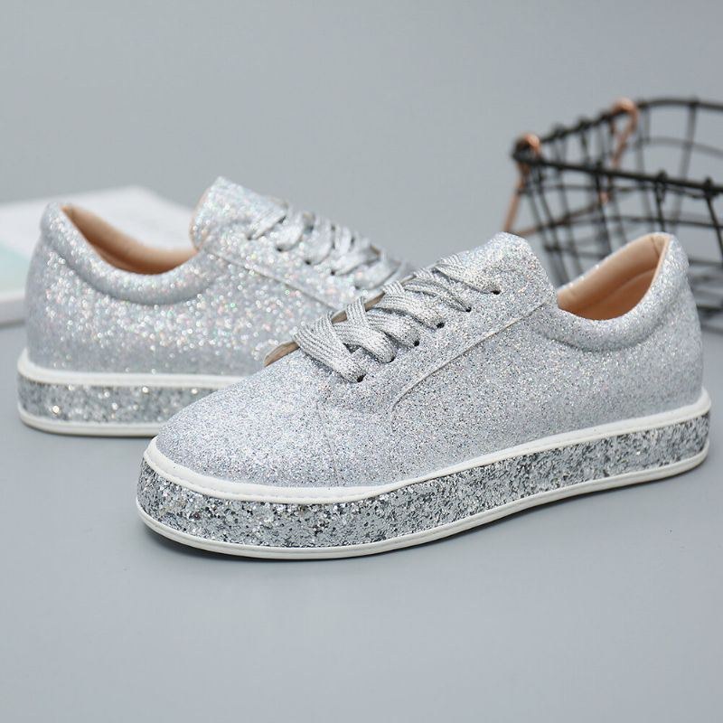 Dame Glitter Pailletter Mode Snørebånd Fest Casual Platform Sko Flats