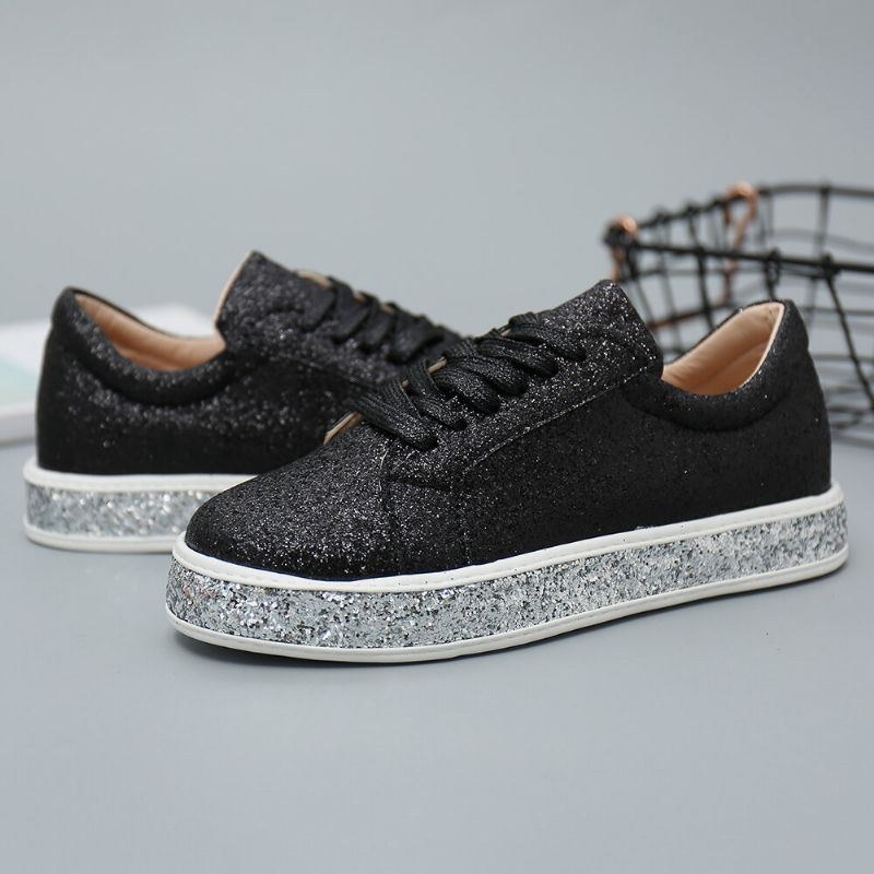 Dame Glitter Pailletter Mode Snørebånd Fest Casual Platform Sko Flats