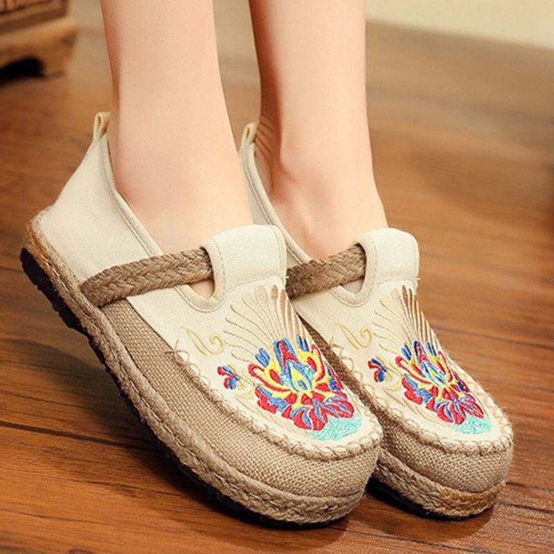 Dame Linen Comfy Brodery Straw Slip On Flat Loafers