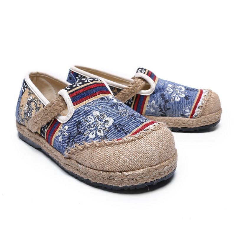 Dame Linen Gamle Peking Tryk Stricing Slip On Loafers