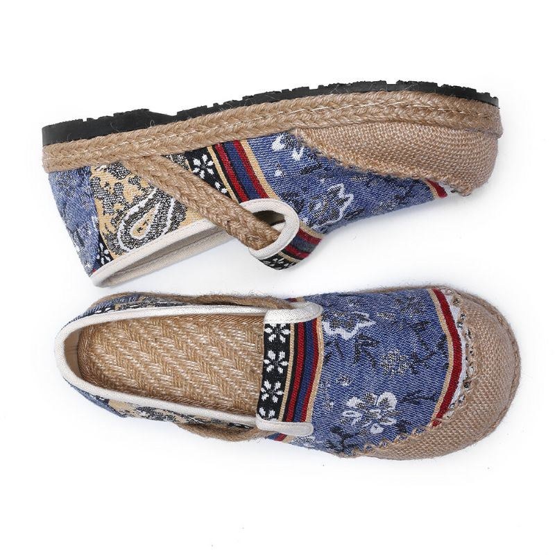 Dame Linen Gamle Peking Tryk Stricing Slip On Loafers