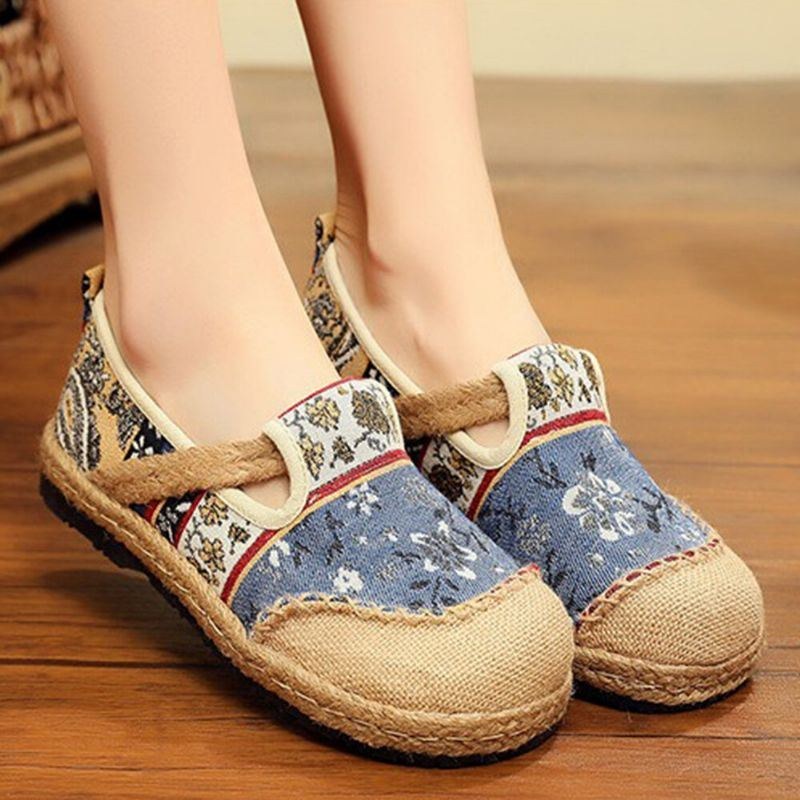 Dame Linen Gamle Peking Tryk Stricing Slip On Loafers