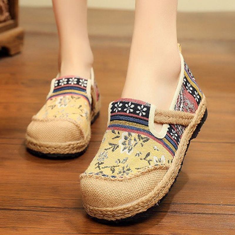 Dame Linen Gamle Peking Tryk Stricing Slip On Loafers