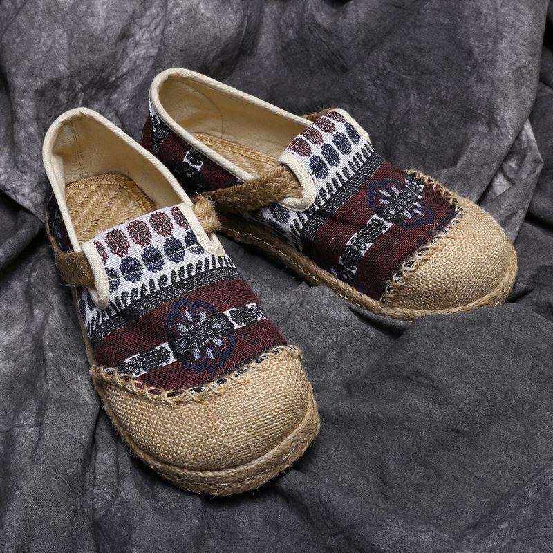 Dame Linned Stråmønster Casual Slip On Espadrille Flade Loafers