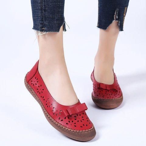 Dame Plus Size Ægte Læder Åndbar Udhulet Slip On Casual Flats Loafers