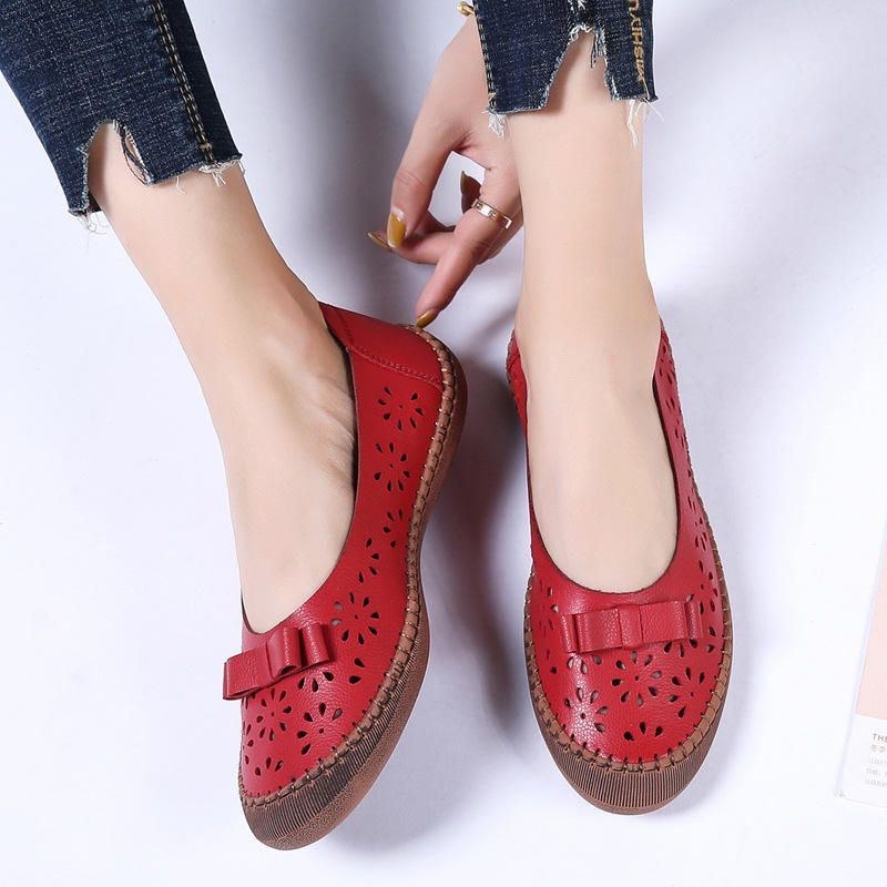 Dame Plus Size Ægte Læder Åndbar Udhulet Slip On Casual Flats Loafers