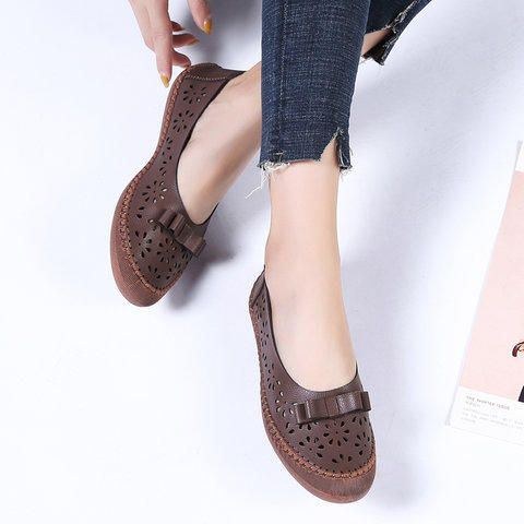 Dame Plus Size Ægte Læder Åndbar Udhulet Slip On Casual Flats Loafers