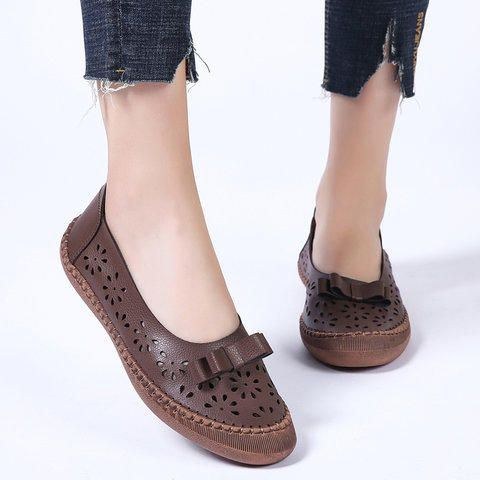 Dame Plus Size Ægte Læder Åndbar Udhulet Slip On Casual Flats Loafers