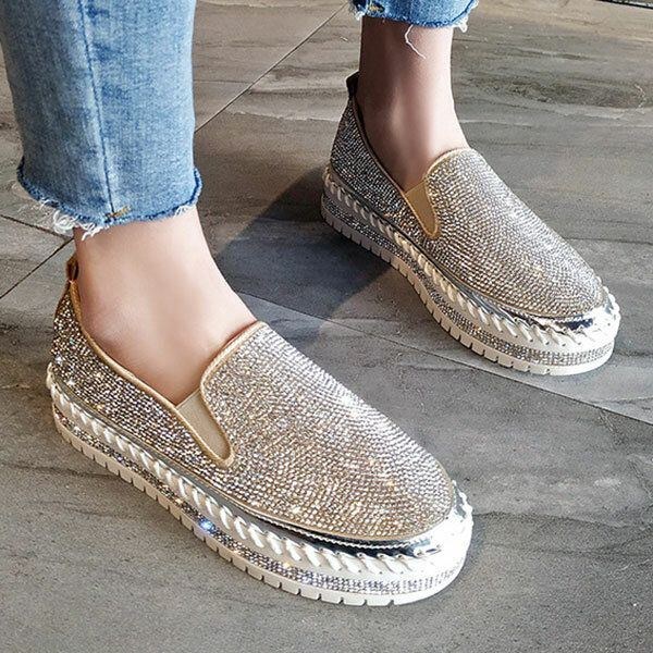 Dame Plus Size Rhinestone Dekoration Åndbar Slip On Comfy Casual Flats