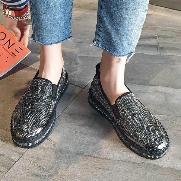 Dame Plus Size Rhinestone Dekoration Åndbar Slip On Comfy Casual Flats