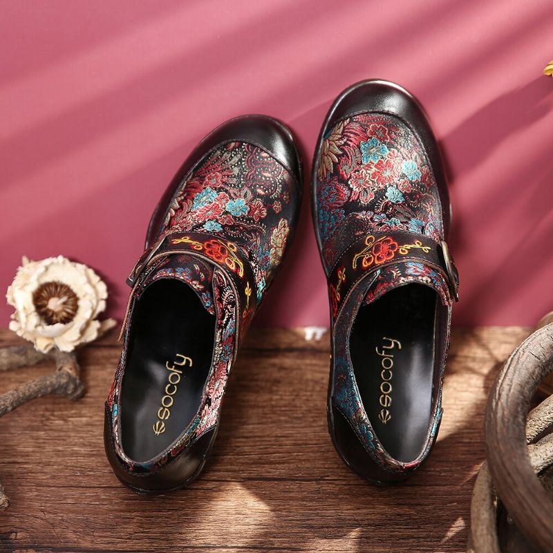 Dame Retro Blomster Broderi Læder Præget Blommeblomst Spænde Slip-on Flade Sko